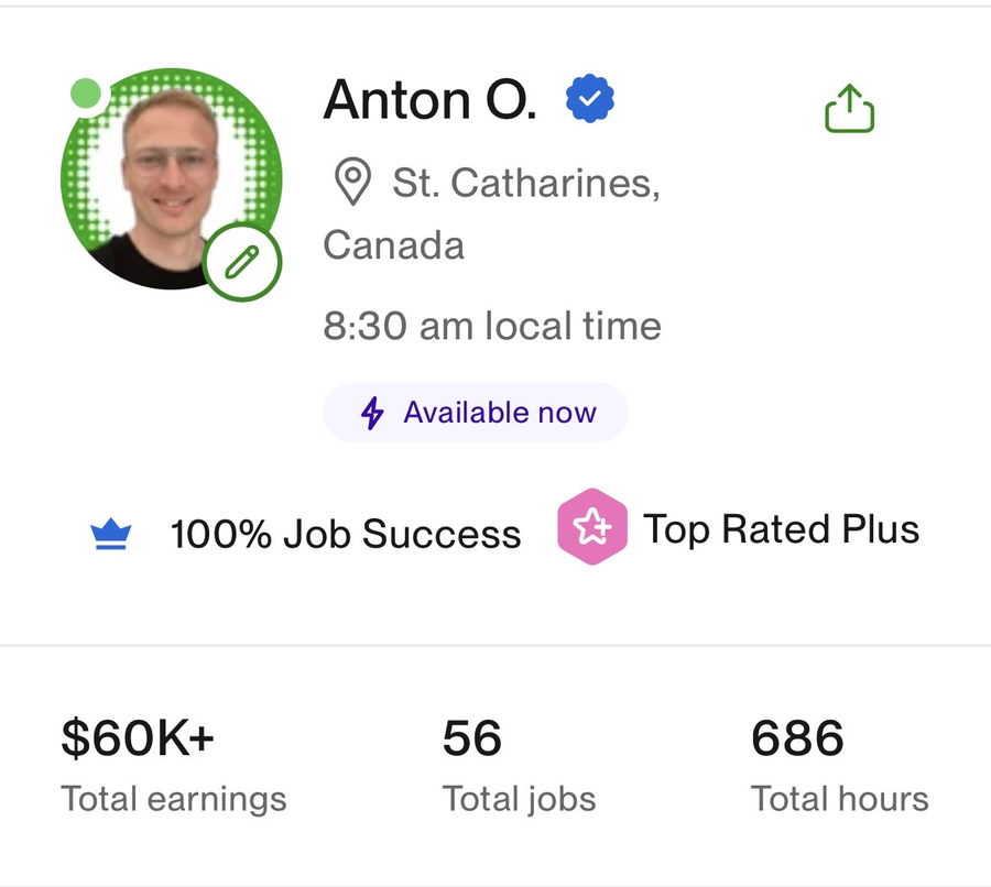 Профиль Антона на Upwork: Top Rated Plus, 100% Job Success, $60K+ заработано, 56 проектов, 686 часов